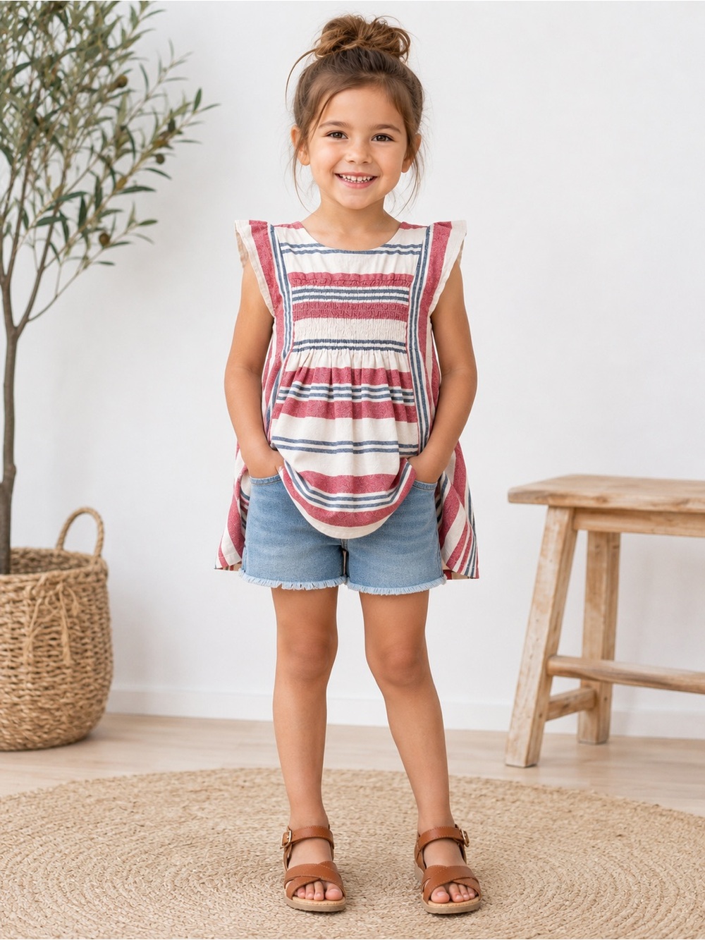 Tea Collection Girls Linen Cotton Striped Smocked Dress Size 5